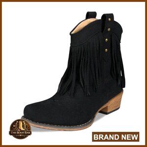 Western Boho Fringe Booties Mid Calf Ankle Boots Chunky Heel Pull On